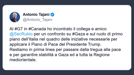 Tajani sul G7: iniziative per applicare il piano di pace del presidente Trump