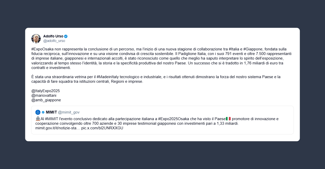 Urso sull’Expo Osaka: 1,76 miliardi tra contratti e investimenti per l’Italia