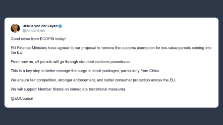 Von der Leyen: approvata l’abolizione dell’esenzione doganale per pacchi di basso valore