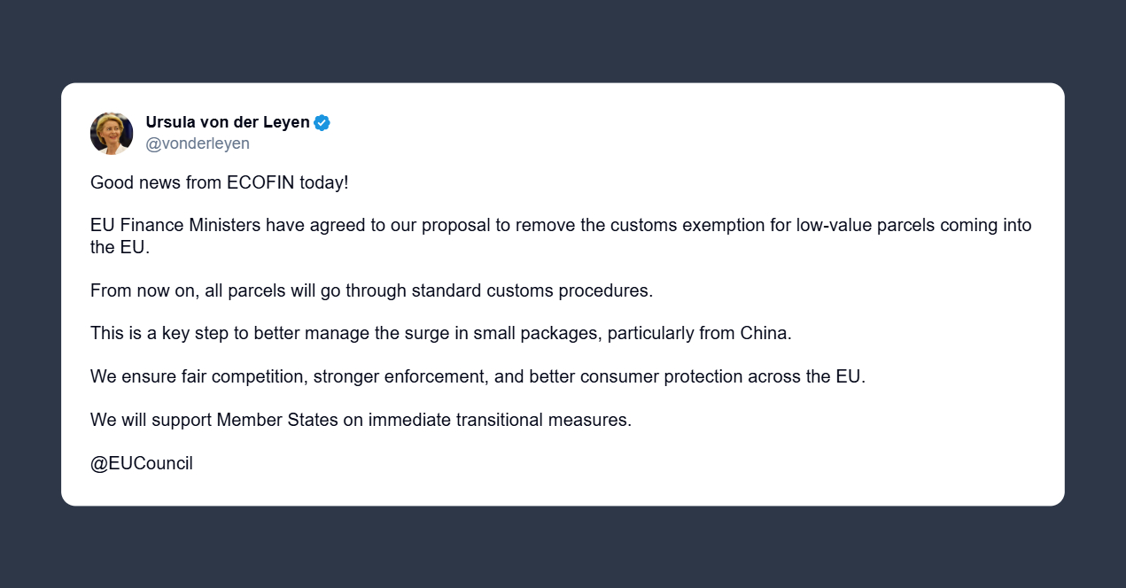 Von der Leyen: approvata l’abolizione dell’esenzione doganale per pacchi di basso valore