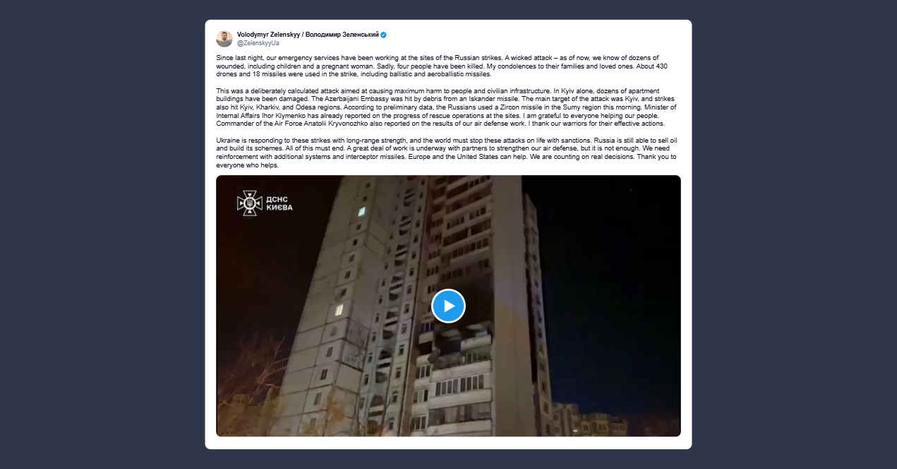 Zelensky: a Kiev attacco russo per provocare il massimo danno a persone e infrastrutture civili