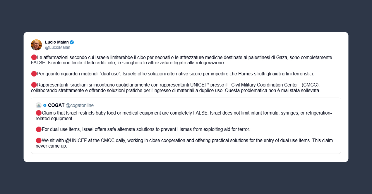 Malan: Israele non limita cibo o attrezzature mediche destinate a Gaza
