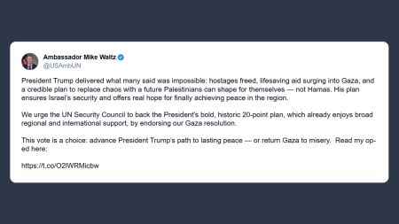 Mike Waltz: esortiamo l’Onu ad appoggiare la risoluzione su Gaza