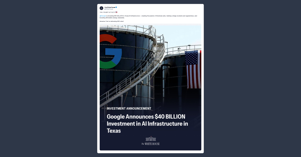 Casa Bianca: Google investe 40 miliardi in infrastrutture di Intelligenza artificiale in Texas