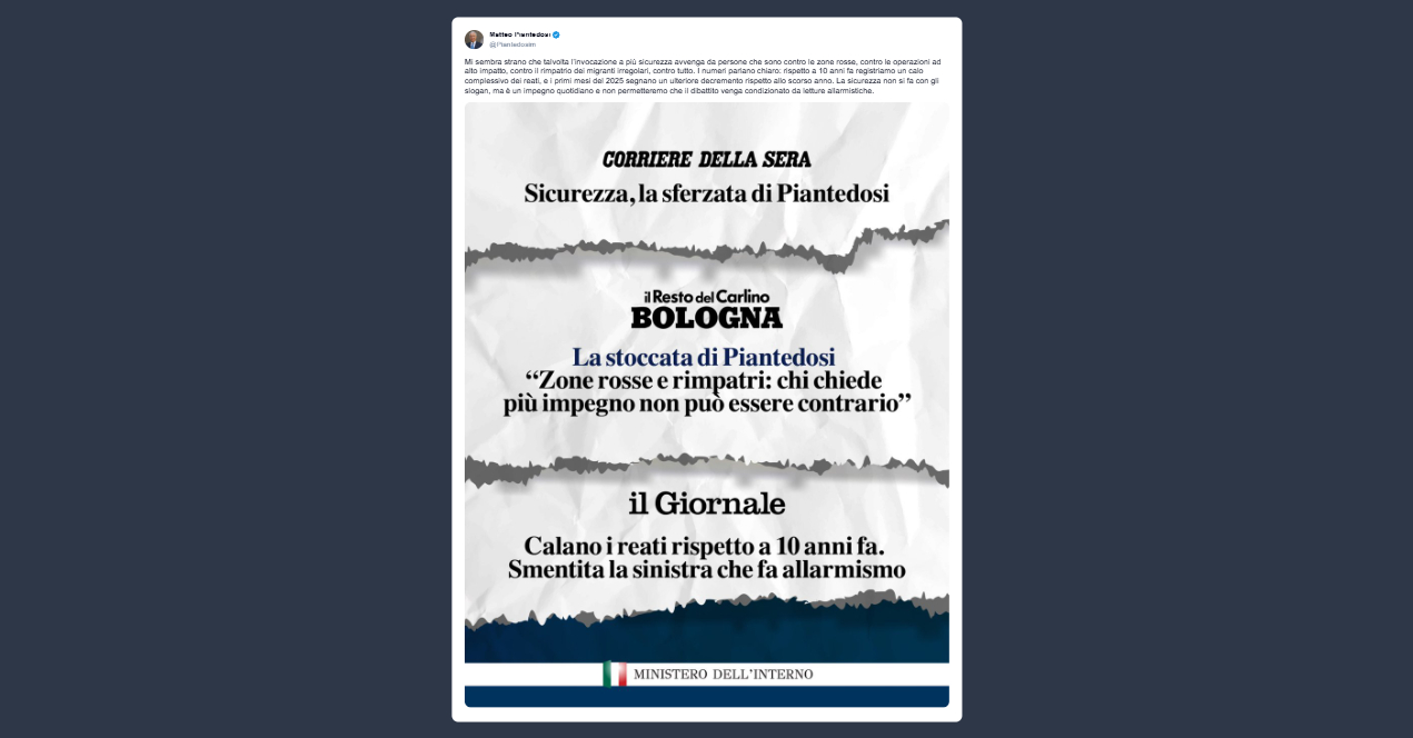 Piantedosi: rispetto a 10 anni fa registriamo un calo complessivo dei reati