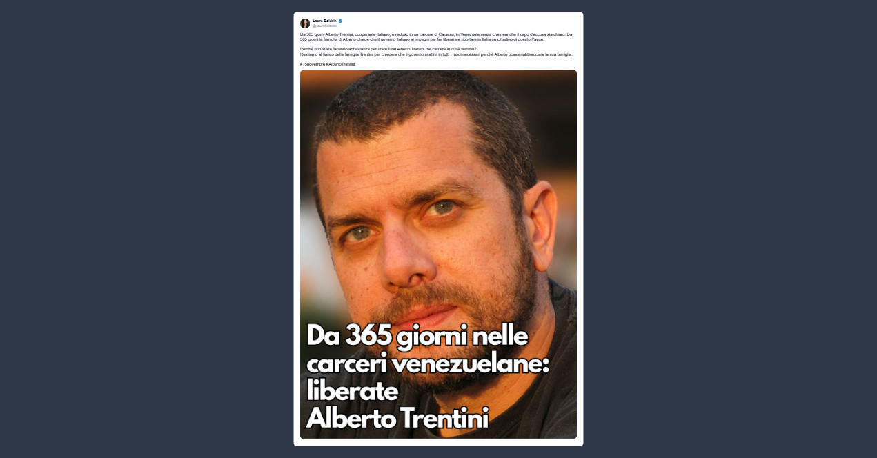 Boldrini: Alberto Trentini è in un carcere di Caracas senza un chiaro capo d’accusa