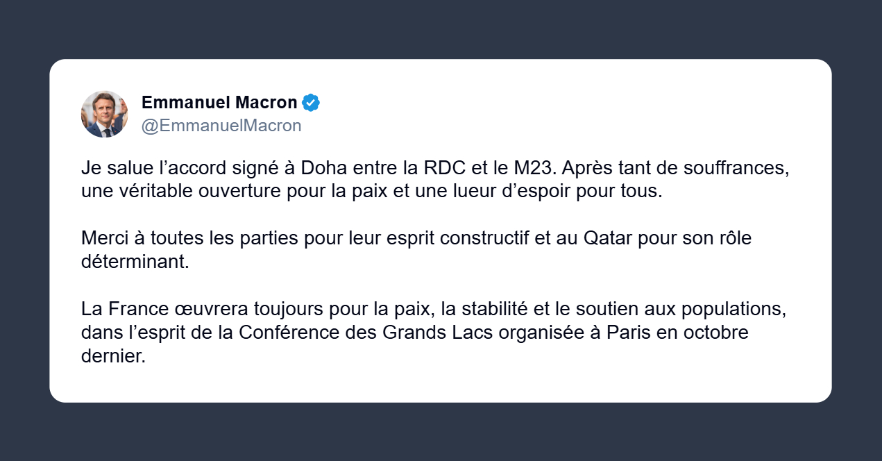 Macron sull’accordo tra la Repubblica Democratica del Congo e l’M23