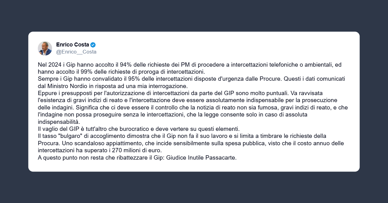 Enrico Costa: il Gip andrebbe ribattezzato “Giudice Inutile Passacarte”