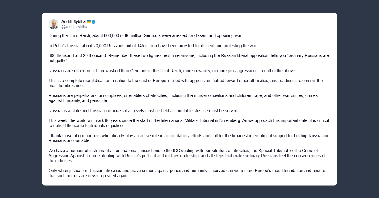Andriy Sybiha: i russi di oggi sono più colpevoli dei tedeschi del nazismo