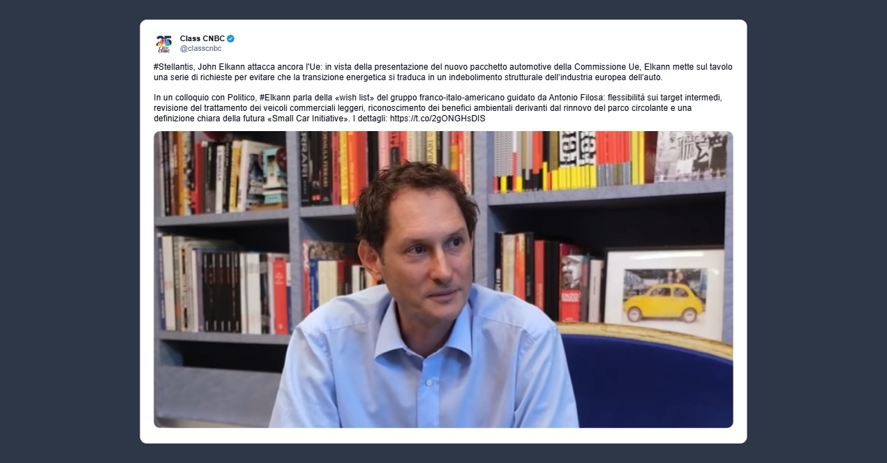 Class Cnbc sul nuovo pacchetto automotive della Commissione Ue