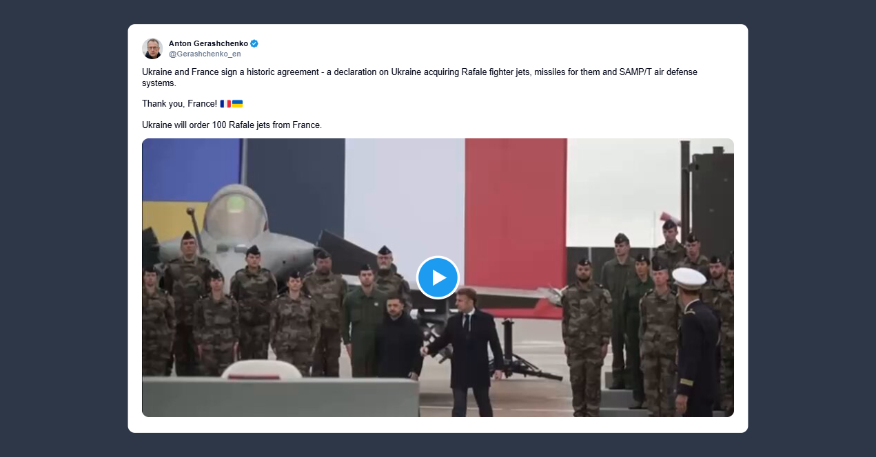 Gerashchenko: l’Ucraina ordinerà alla Francia 100 caccia Rafale