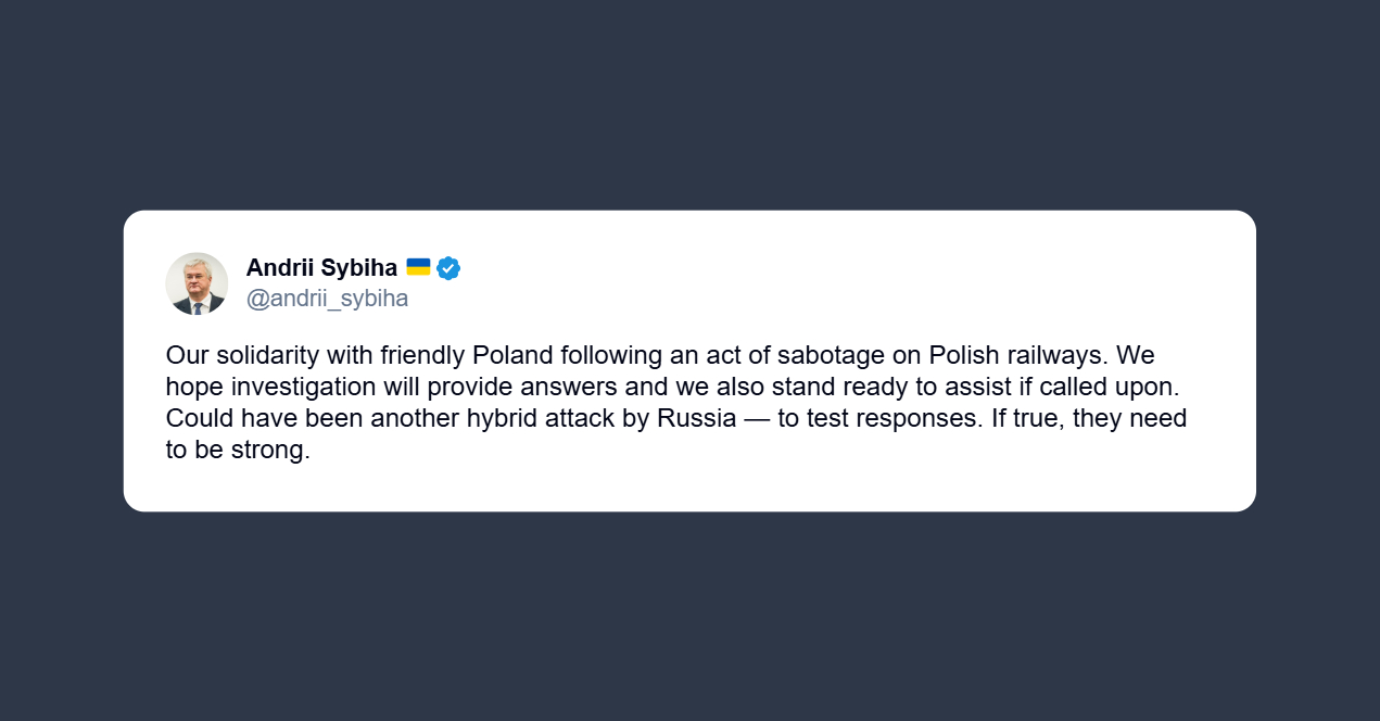 Sybiha: solidarietà alla Polonia per il sabotaggio alle ferrovie