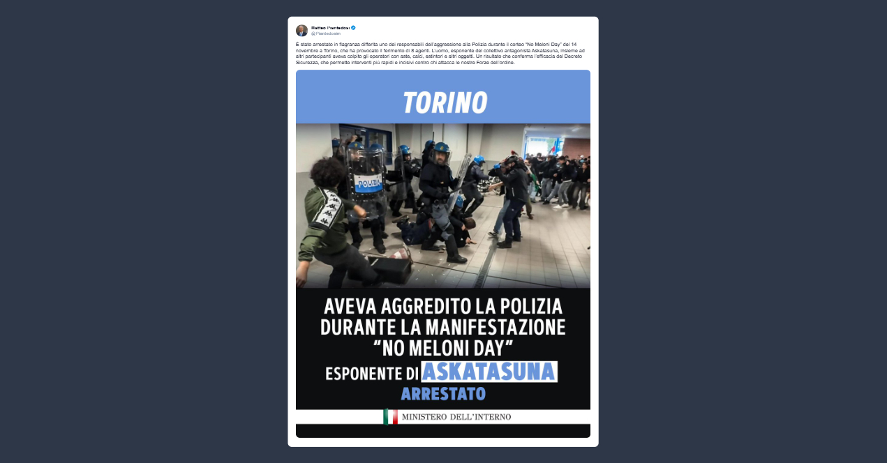 Piantedosi: arrestato uno degli aggressori della polizia al “No Meloni day”