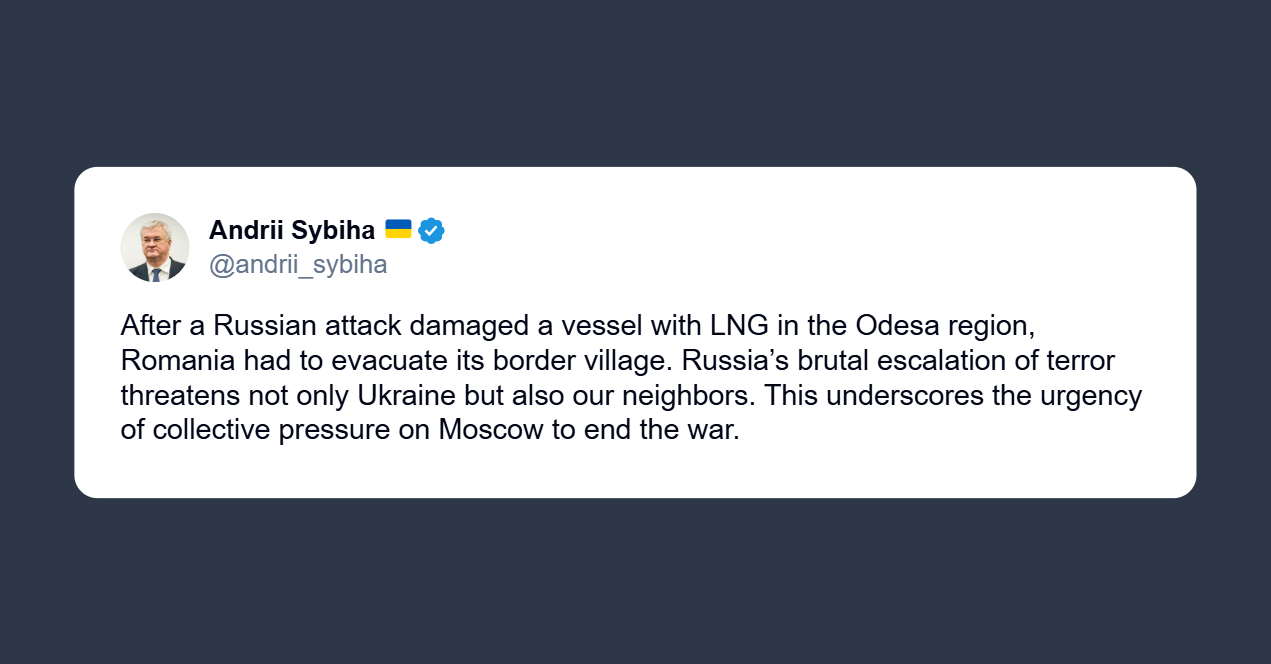 Sybiha: Romania evacua villaggio di confine dopo attacco russo a una nave Gnl