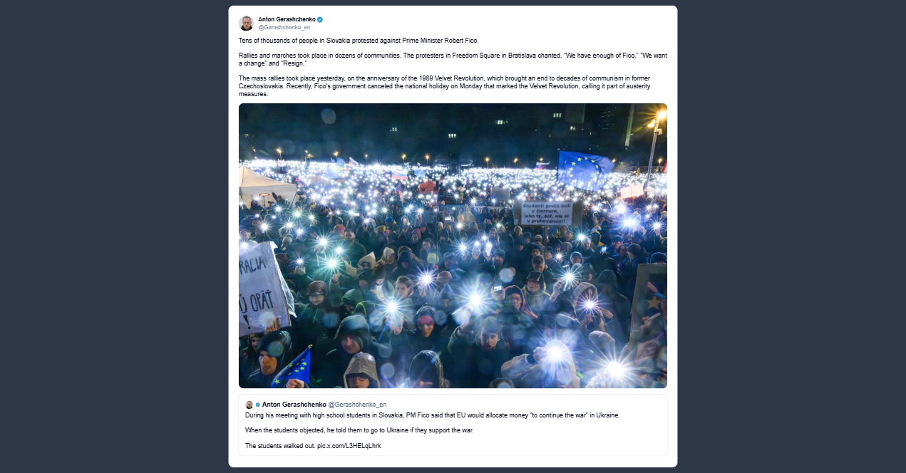 Gerashchenko: in Slovacchia decine di migliaia di persone contro Fico