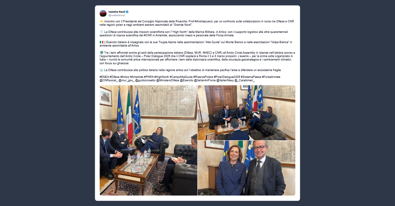 Rauti: Difesa e Cnr rafforzano la collaborazione italiana nelle regioni polari