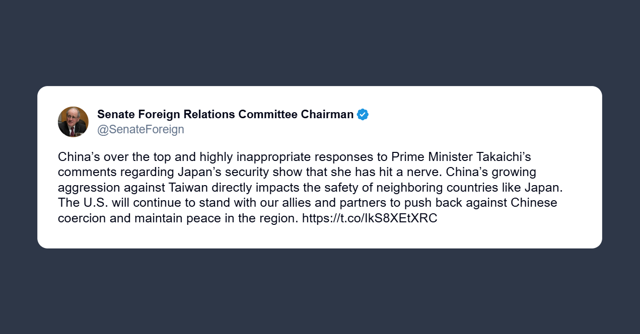 Jim Risch: aggressività crescente di Pechino su Taiwan incide sulla sicurezza dei Paesi vicini