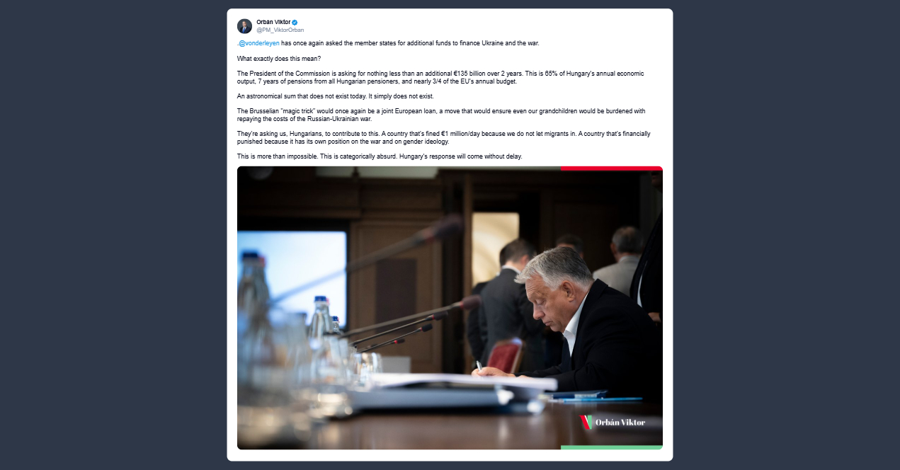 Orbán: 135 miliardi per la guerra? Assurdo, pagherebbero anche i nostri nipoti
