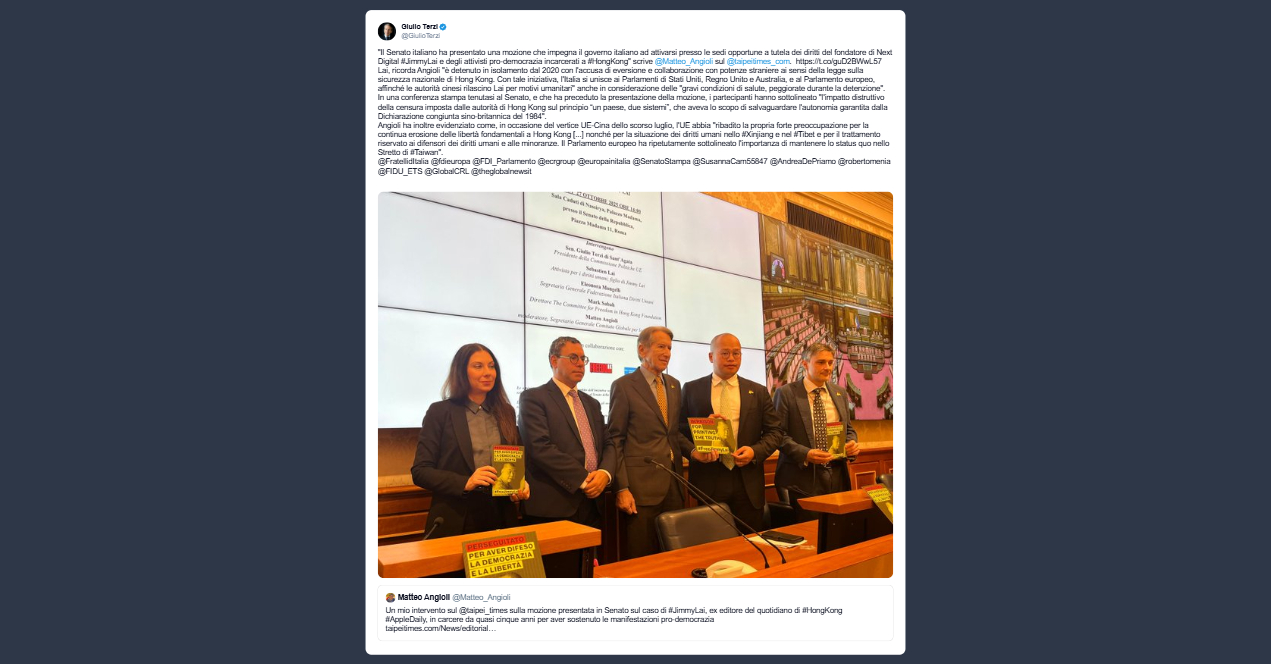 Terzi: il Senato italiano chiede al governo di attivarsi per l’attivista detenuto Jimmy Lai
