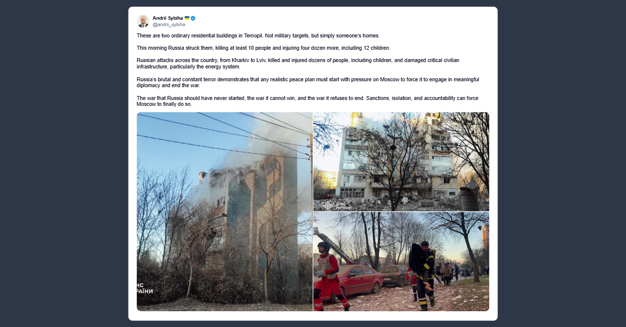 Andriy Sybiha: attacchi russi alle infrastrutture civili essenziali