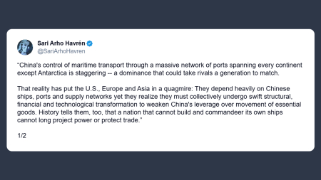 Havrén: spezzare la supremazia cinese sul trasporto marittimo