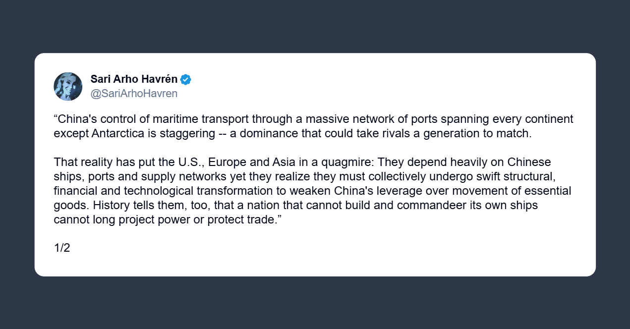 Havrén: spezzare la supremazia cinese sul trasporto marittimo