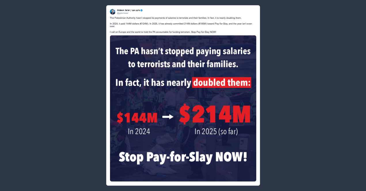 Gideon Sa’ar: Autorità palestinese raddoppia i fondi “paga per uccidere” ai terroristi