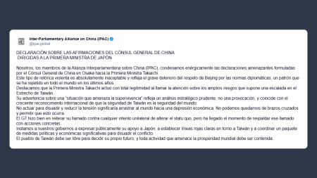 Ipac sulle minacce del console generale cinese al presidente Takaichi