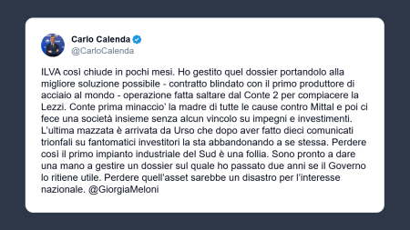 Calenda sull’Ilva: sono pronto a dare una mano se il Governo lo ritiene utile