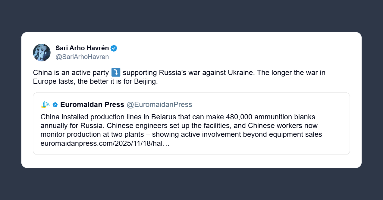 Havrén: la Cina è parte attiva nel sostenere la guerra della Russia