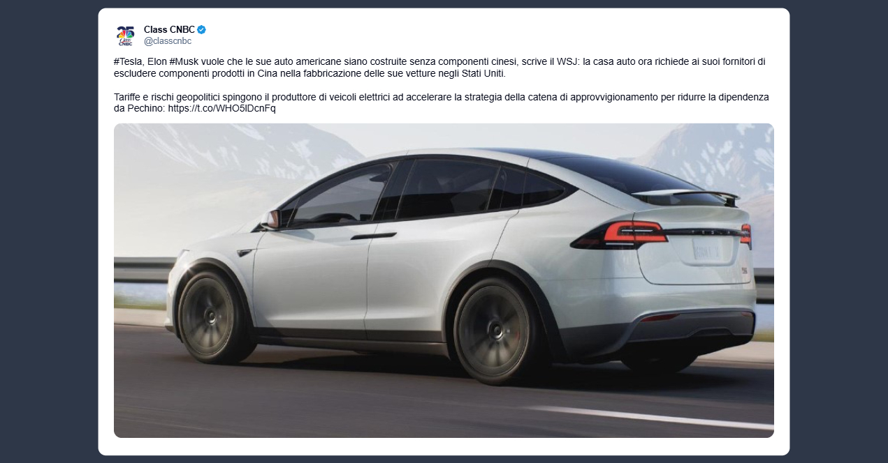 Class Cnbc: Musk vuole che le sue auto americane siano costruite senza componenti cinesi