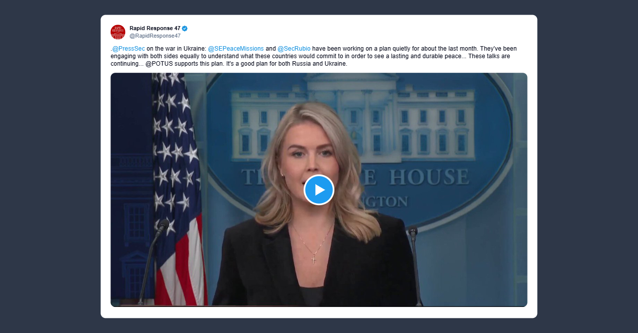 Leavitt: da un mese Rubio e gli inviati per la pace lavorano a un piano riservato per l’Ucraina