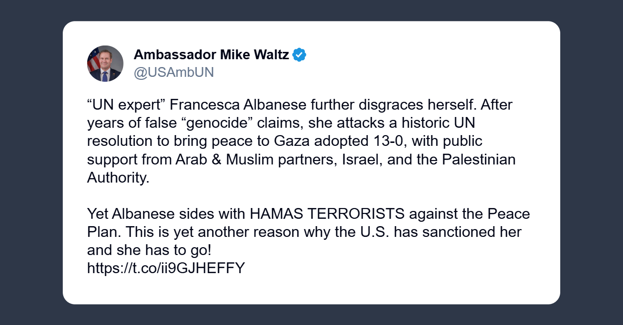 Mike Waltz: Albanese si schiera con i terroristi di Hamas