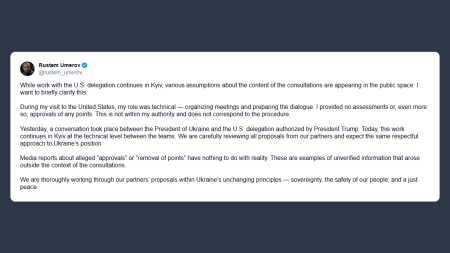 Umerov sul piano di pace: nessuna approvazione solo lavoro tecnico