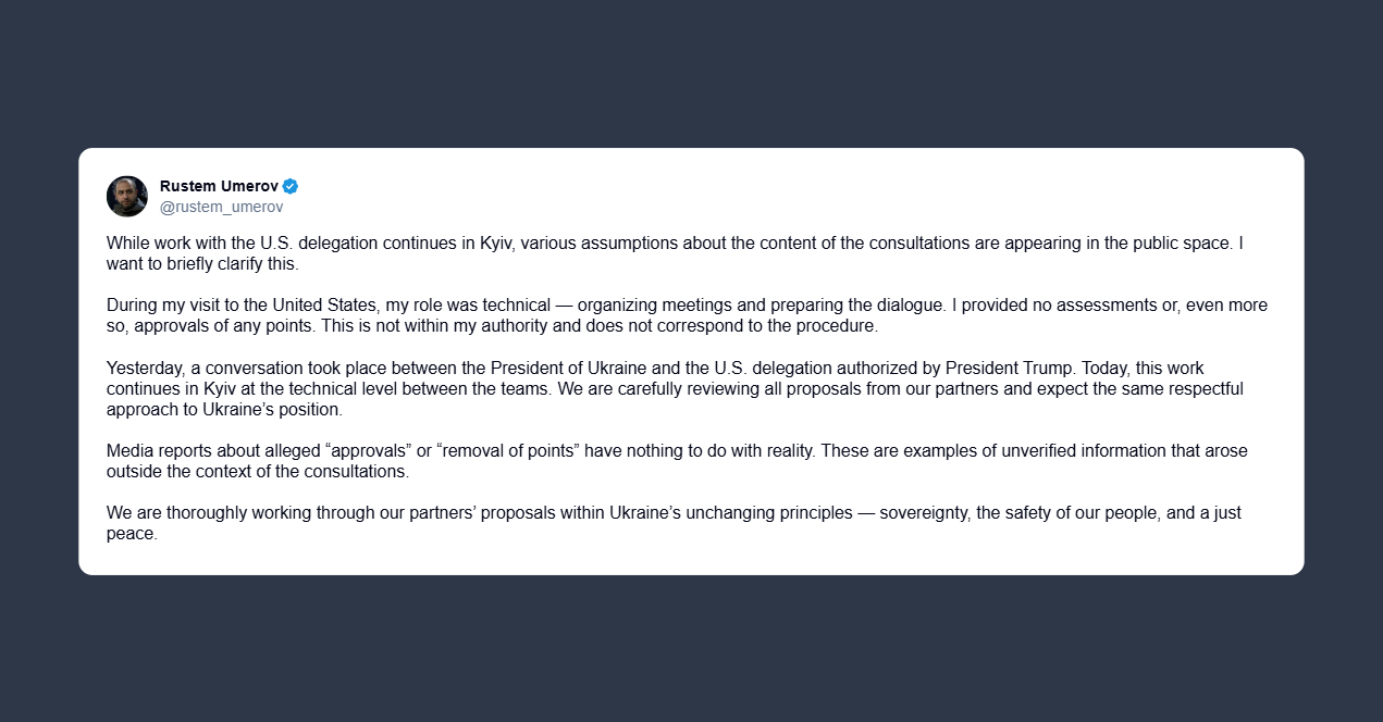 Umerov sul piano di pace: nessuna approvazione solo lavoro tecnico