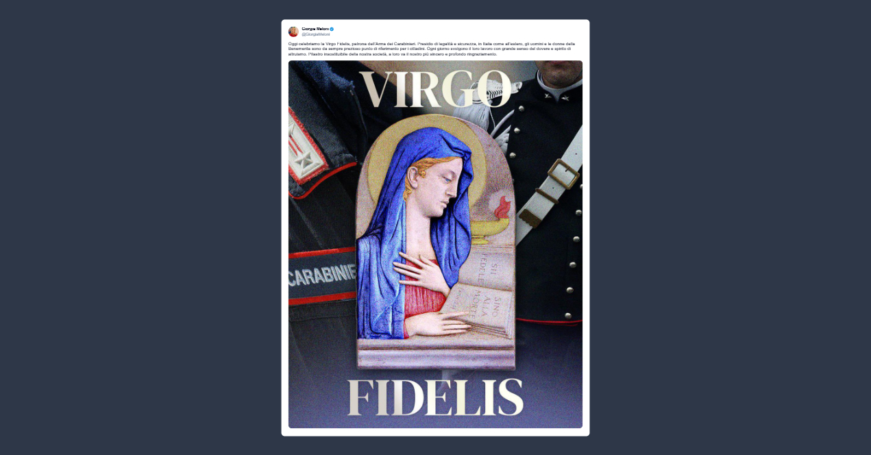 Meloni: oggi celebriamo la Virgo Fidelis, patrona dell’Arma dei Carabinieri