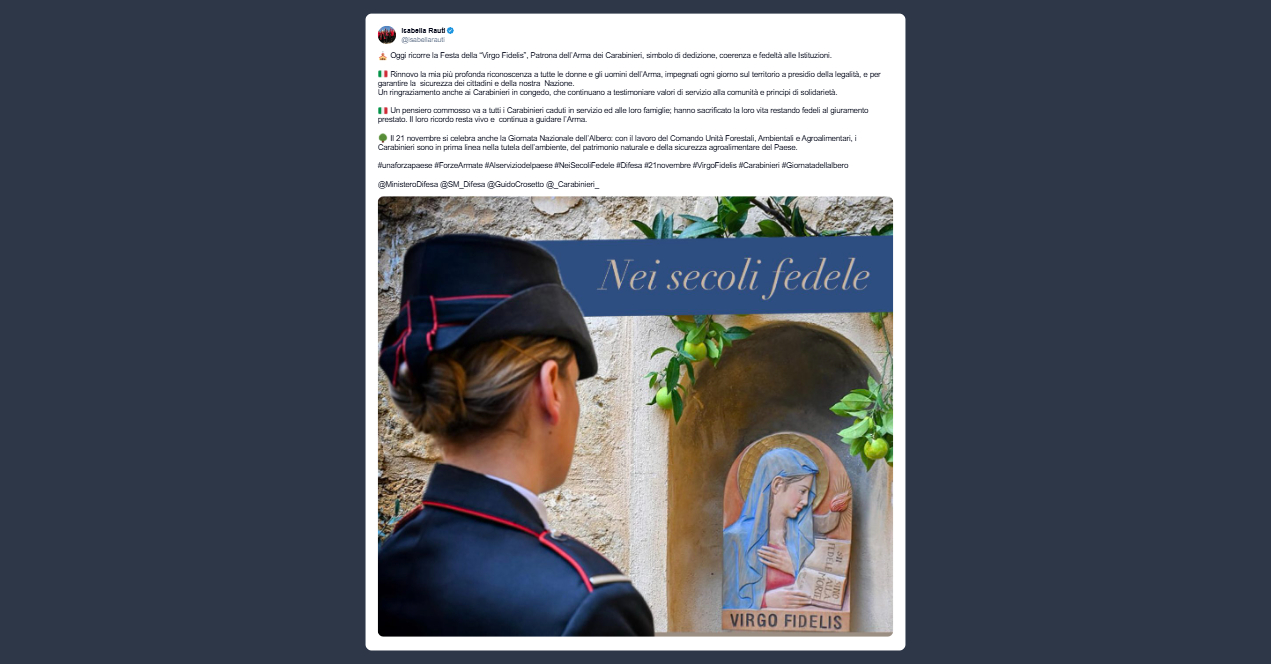 Rauti su Virgo Fidelis Patrona dell’Arma dei Carabinieri