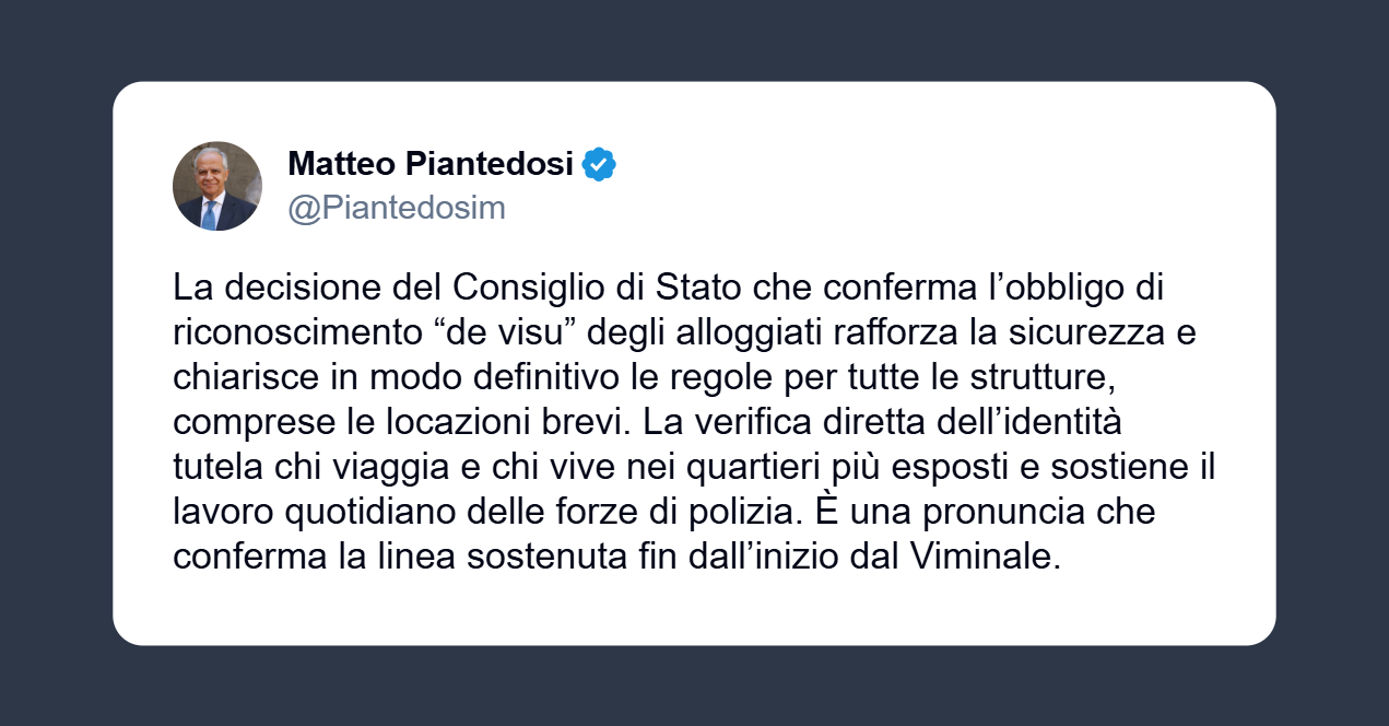 Piantedosi sulla conferma dell’obbligo di riconoscimento “de visu”