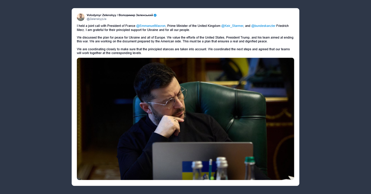 Zelensky: telefonata congiunta con Macron Starmer e Merz per il piano di pace Usa