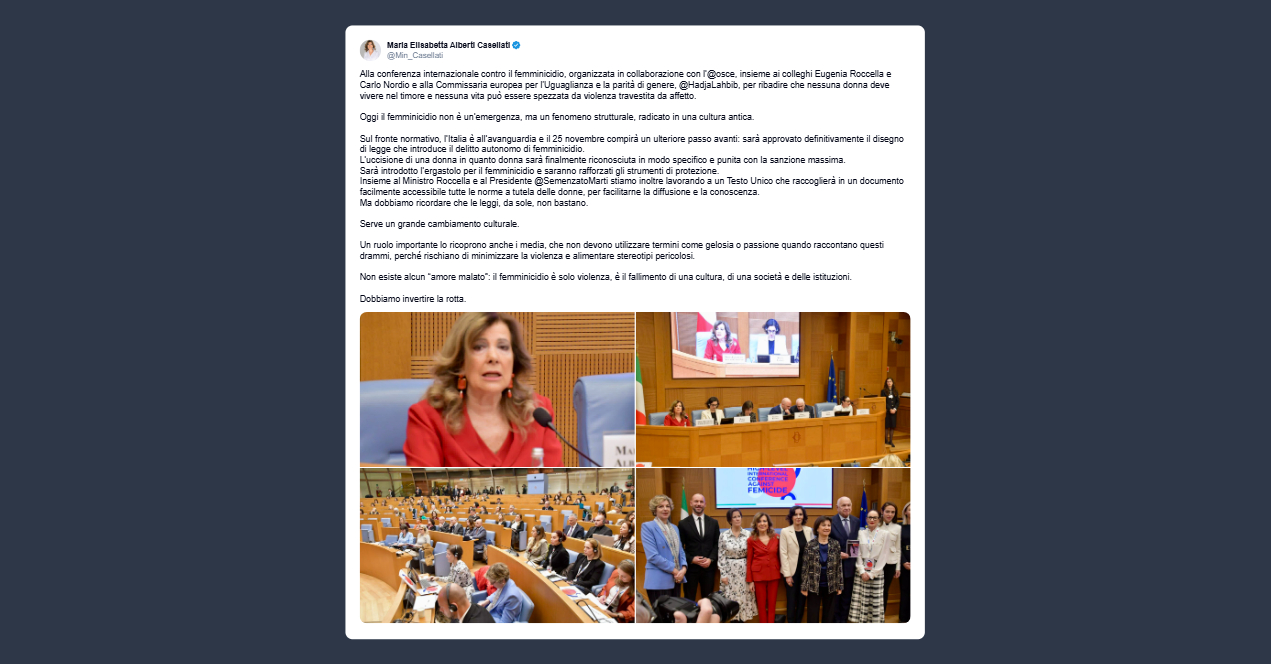 Casellati: il femminicidio non è un’emergenza, ma un fenomeno strutturale
