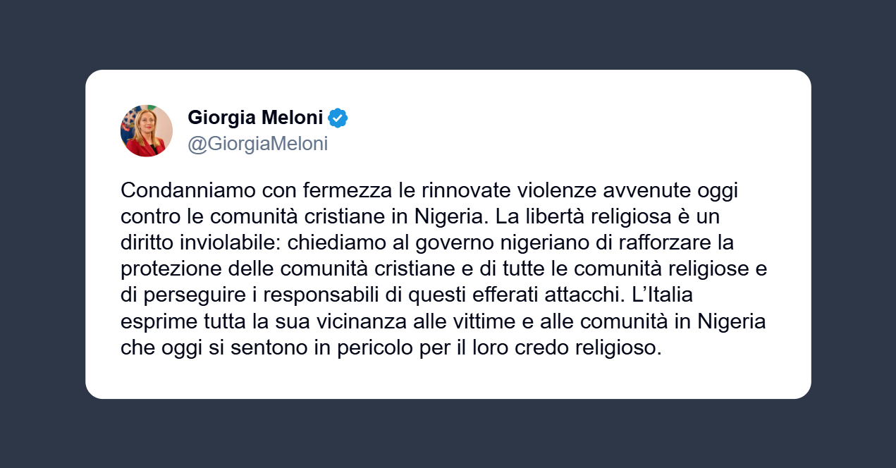 Meloni: condanniamo le violenze dei cristiani in Nigeria