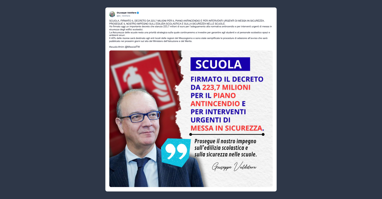 Valditara: firmato il decreto da 223,7 milioni per il piano antincendio nelle scuole