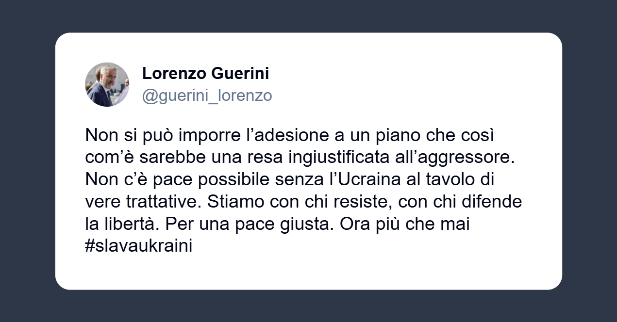 Guerini: no a un piano di pace che equivale a resa