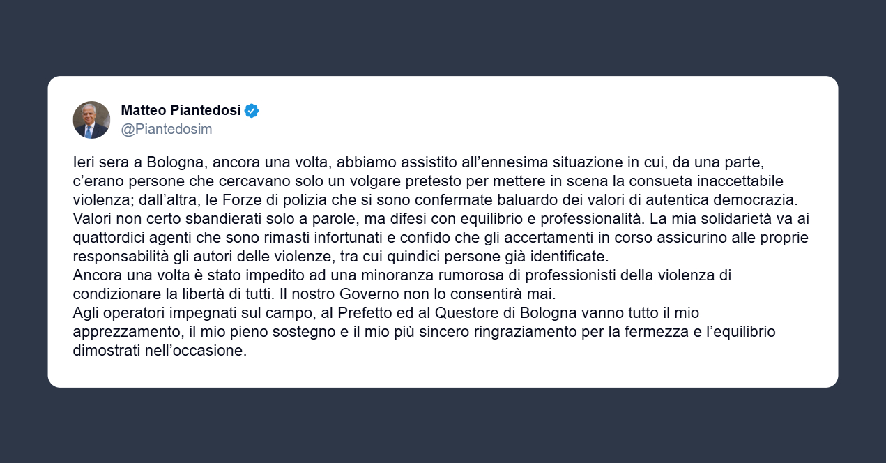 Piantedosi: ieri sera a Bologna consueta inaccettabile violenza