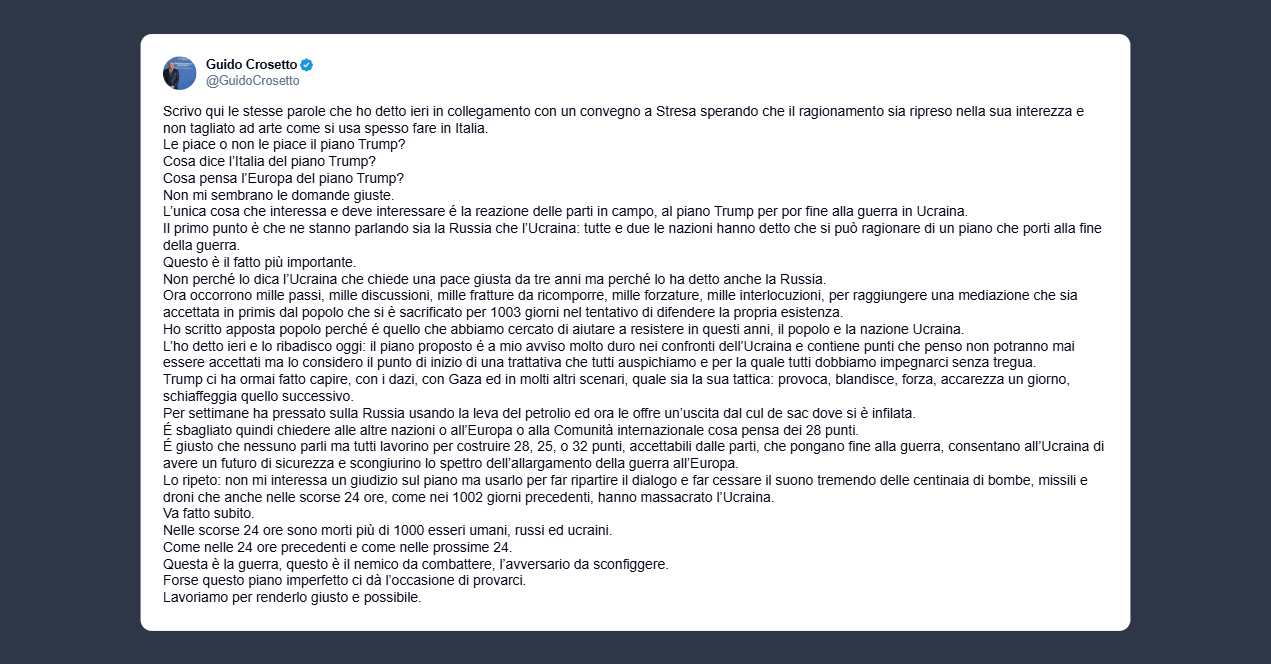 Crosetto sul piano Trump