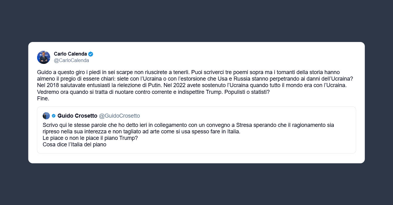 Calenda a Crosetto: siete con l’Ucraina o con l’estorsione di Usa e Russia?