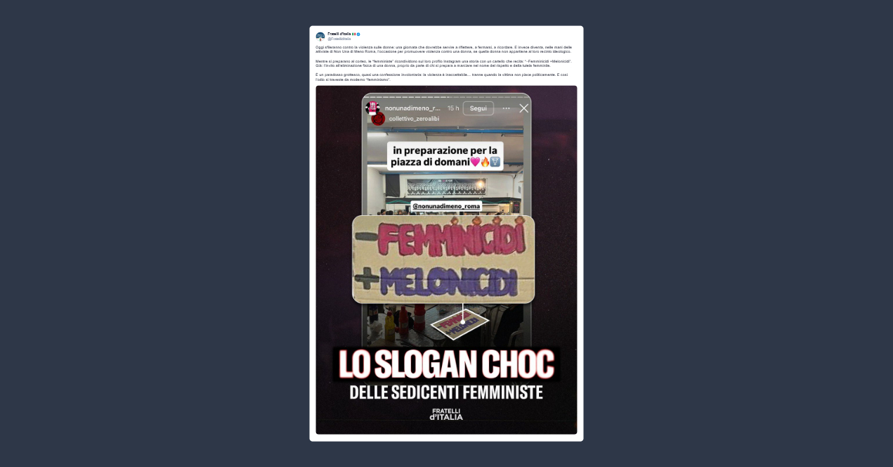 Fdi: grottesco cartello delle “femministe” che augura la morte a Giorgia Meloni