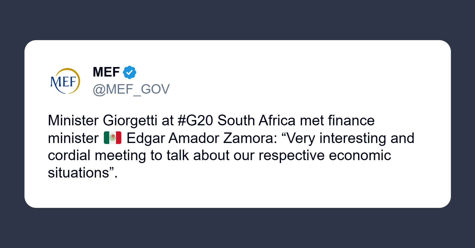 Giorgetti al G20 incontra il ministro delle Finanze messicano Edgar Amador Zamora