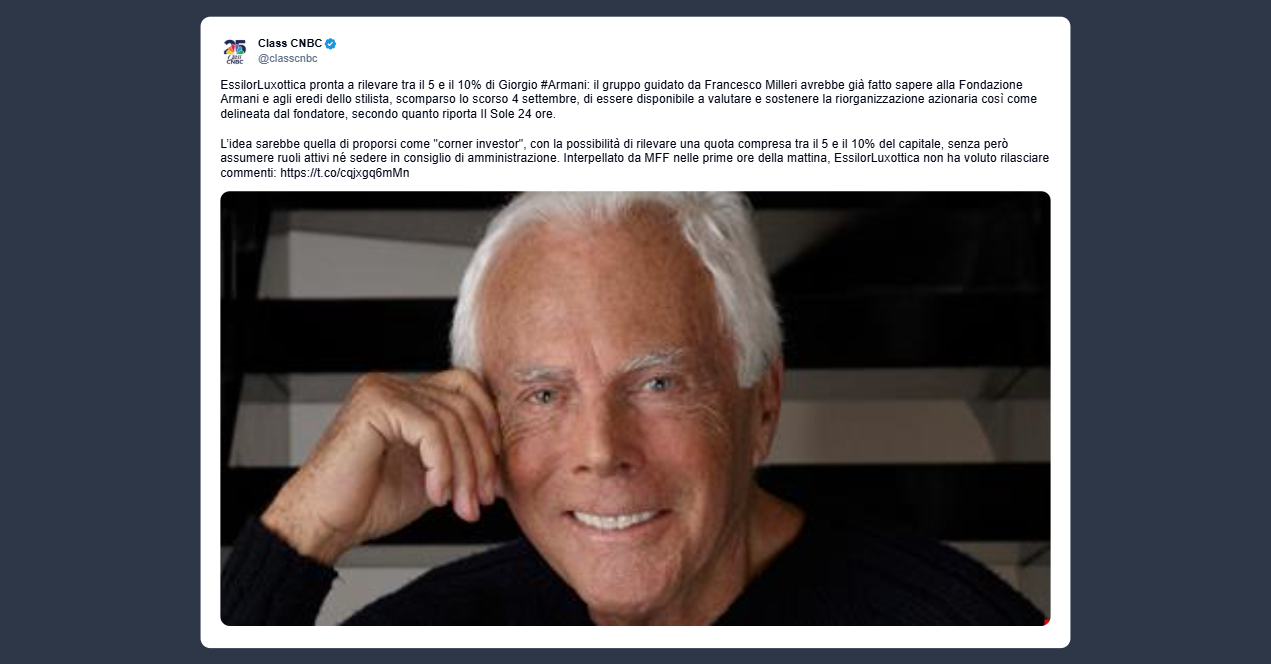Class Cnbc: Essilor Luxottica pronta a rilevare tra il 5 e il 10% di Giorgio Armani
