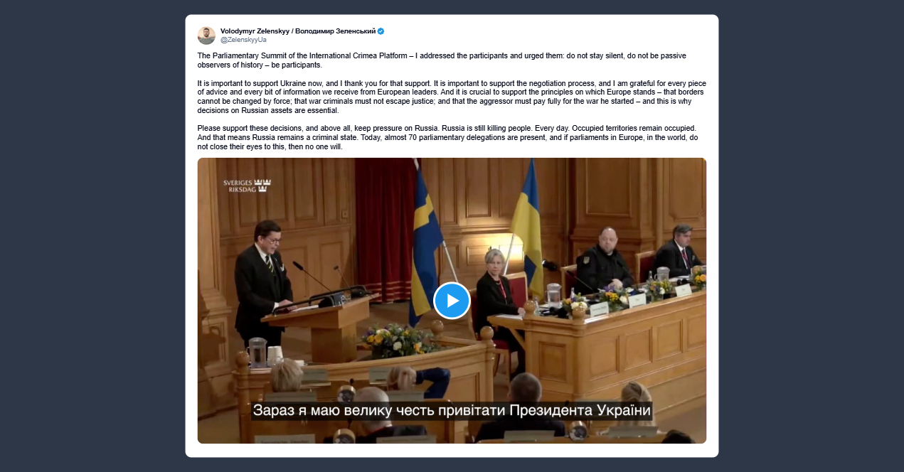 Zelensky sul vertice parlamentare della piattaforma internazionale per la Crimea